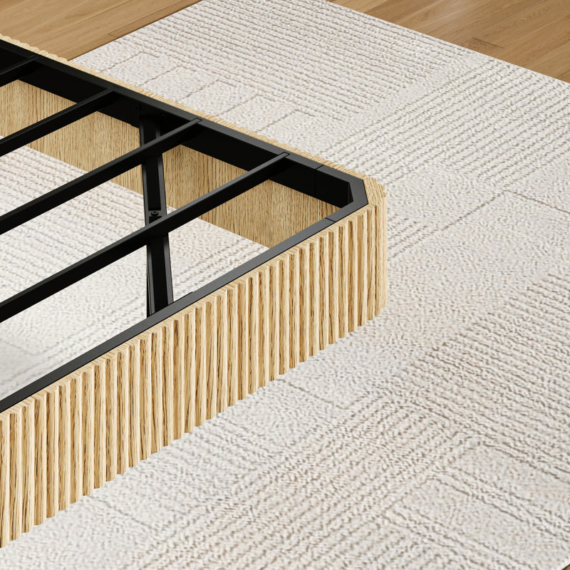 Queen Size Floating Bed Frame, Oak Finish, Wave Curve Wood Texture, Led Lights For Cozy Atmosphere, Heavy Duty Metal Slats, Hidden Support Structure, Color - Customizable Lighting System, Natural