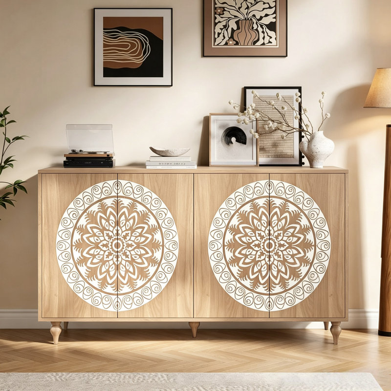 Buffet 59,84 "à 4 portes de style campagnard sculpté, crédence Boho avec tablettes réglables et pieds en bois, Noir