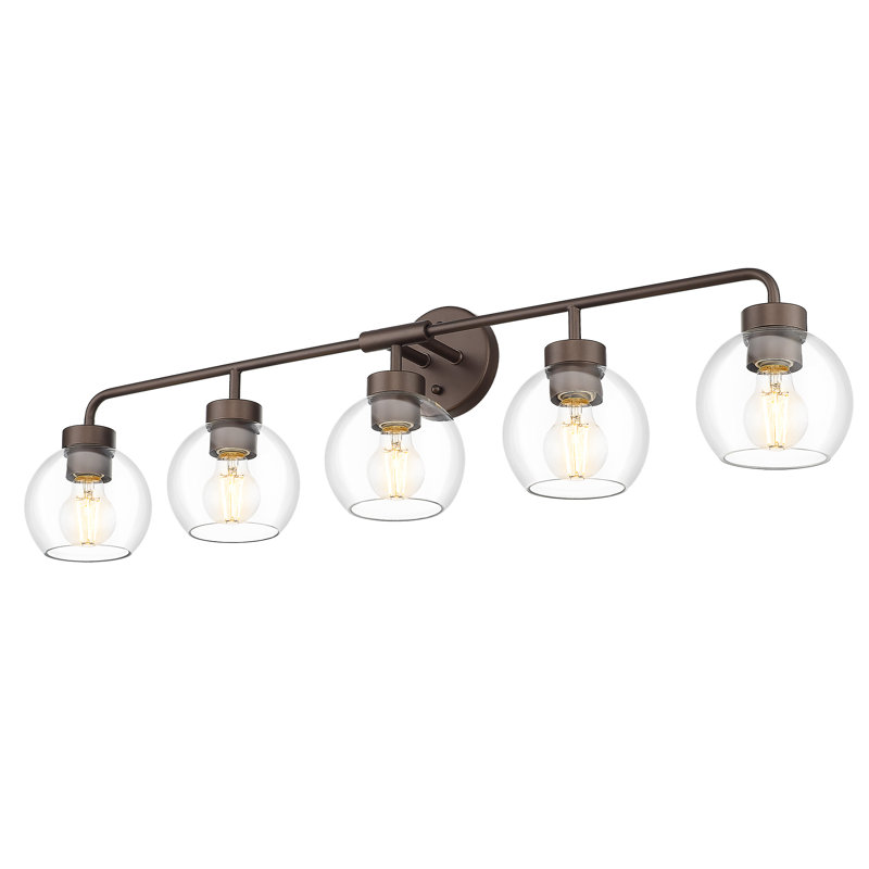 Éclairage pour salle de bain 5 lumières avec abat-jour globe en verre transparent, bronze huilé, 5