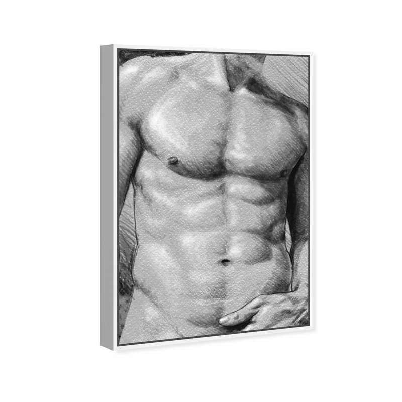 Torse mâle en gris - impression, Cadre en bois blanc, H 31 po x l 21 po x P 1,75 po
