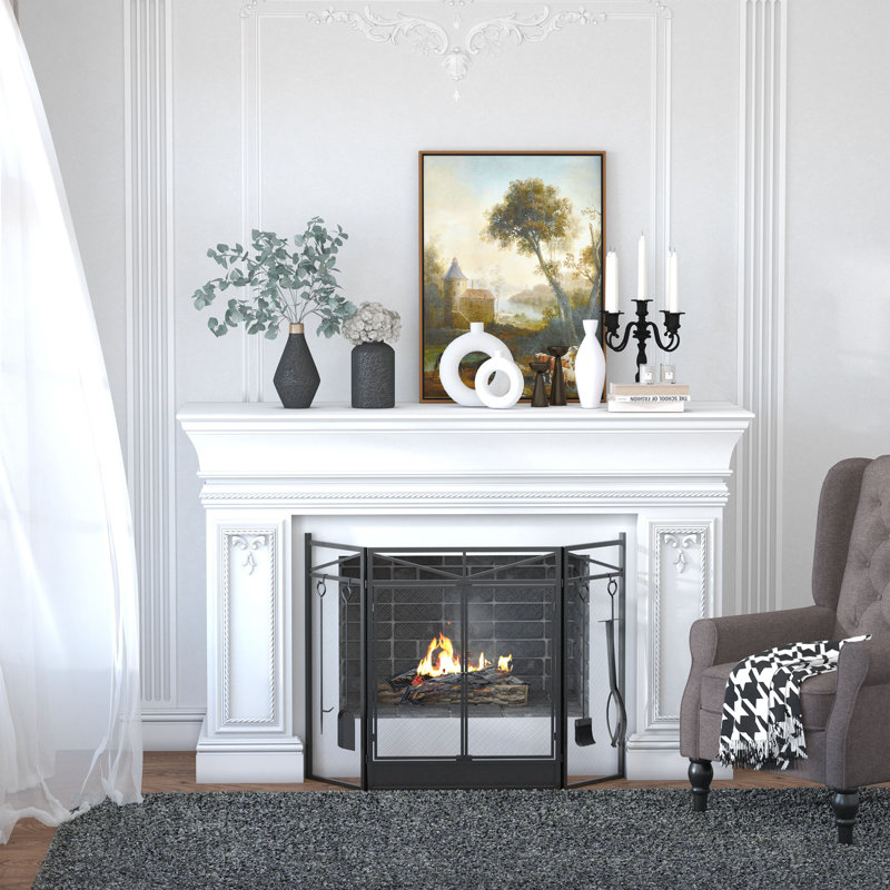 Taona 3-Panel Folding Fireplace Screen with 2 Magnetic Doors and Fire Place Tools Set