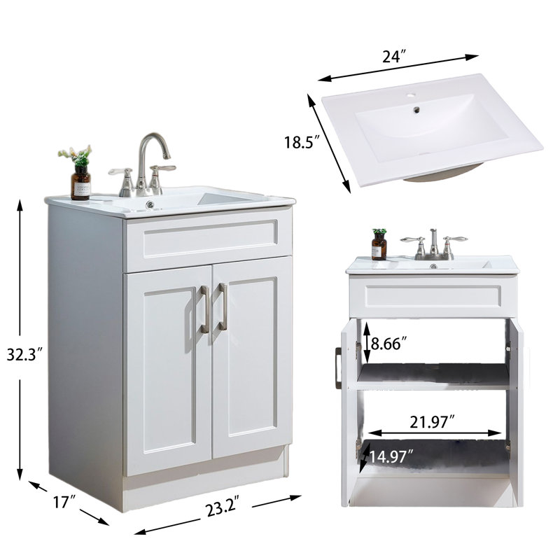 24" Modern 2-Door Free-Standing Single Bathroom Vanity With Ceramic Top, White