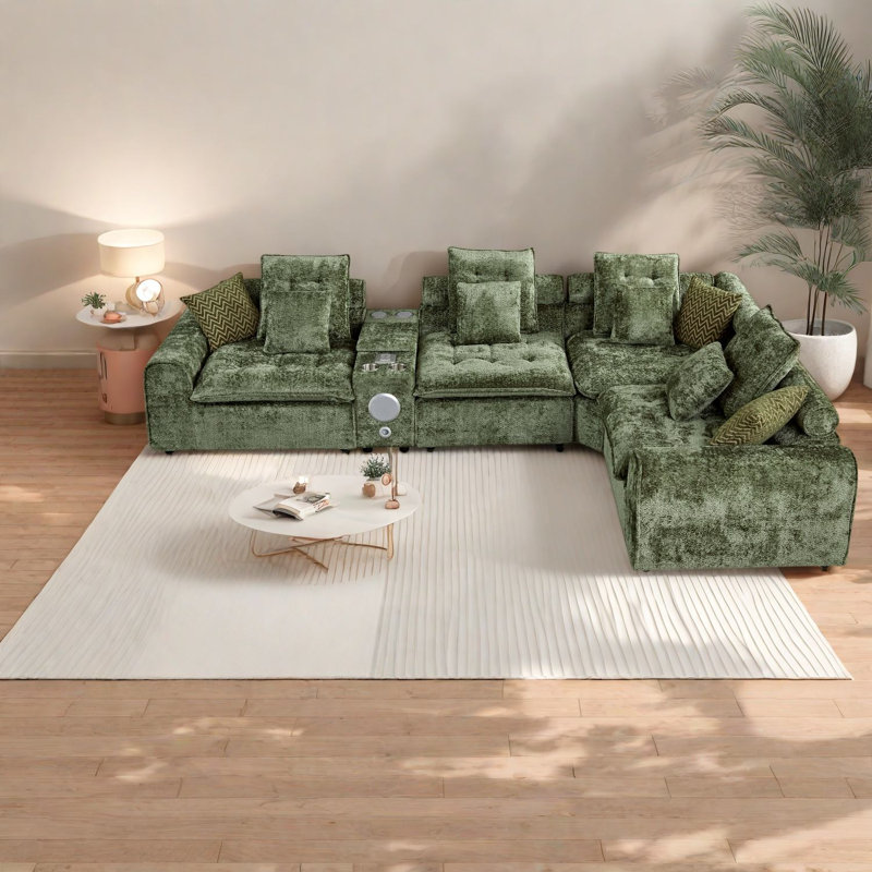Canapé d'angle surdimensionné avec rangement, canapé moderne en boucle verte en forme de L, Vert
