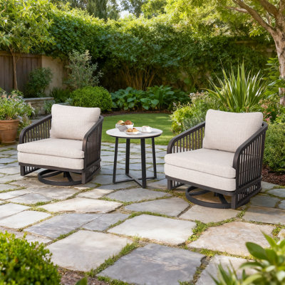 Asheville Patio Swivel Aluminum 2 Person Conversation Set With Cushions And Sintered Stone Side Table