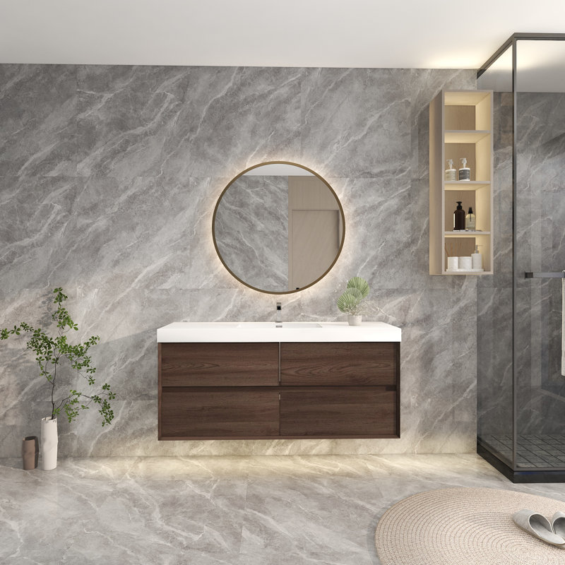 58.6'' Single Bathroom Vanity with Plastic Top, Red Oak