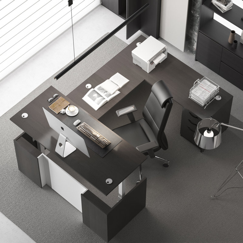 Netha U-Shaped Adjustable Height Executive Standing Desk With 3 Drawer Pedestal, Khalba Oak, U-Shape with 3 Drawers