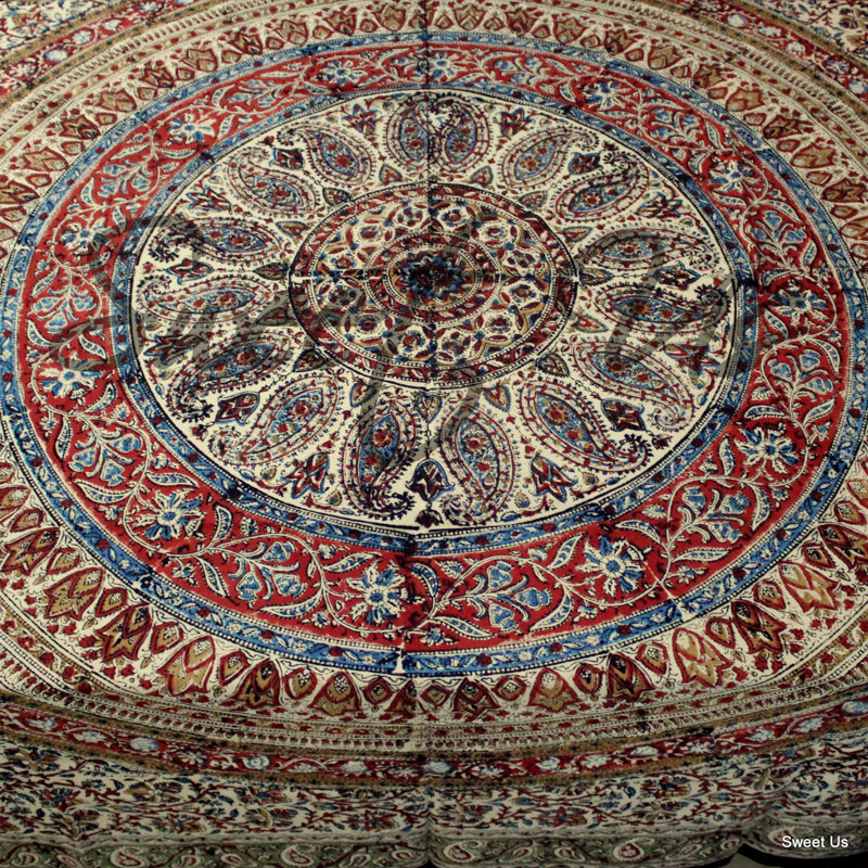Kalamkari Cotton Paisley Floral Block Print Tablecloth Square 106 X 106 In Bedspread Queen Blue Red, Red Green