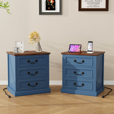 Farmhouse Nightstand With Charging Station, 3 Drawers Wood End Table For Bedroom, Rustic Entryway Table With Smiling Handle And USB Ports & Type-C （SET OF 2)