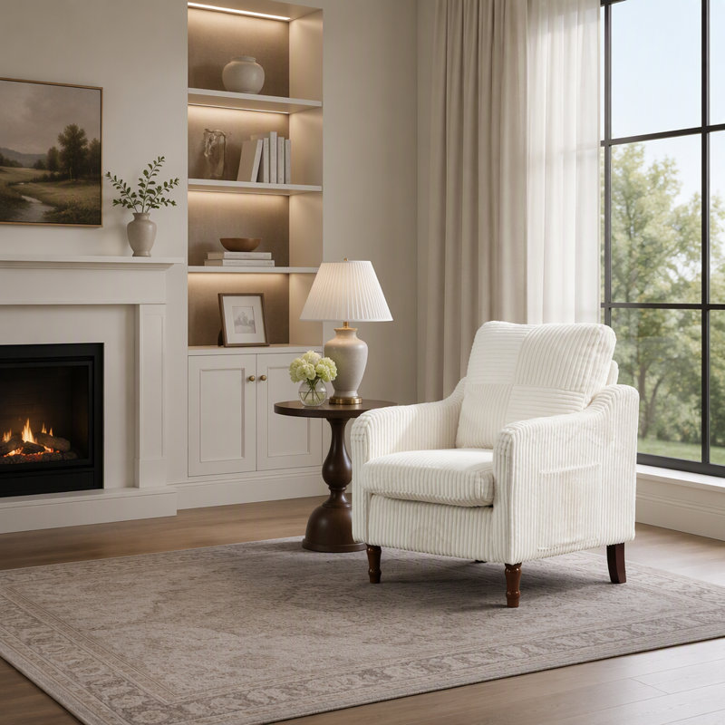 Fauteuil d'appoint moderne du milieu du siècle en velours côtelé avec pieds en bois massif, Velours côtelé blanc antique