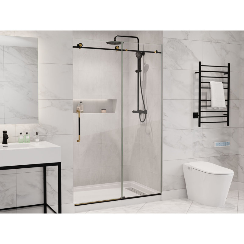 ANZZI Madam Series 76 In. H X 48 In. W Frameless Sliding Shower Door In Matte Black And Brushed Gold