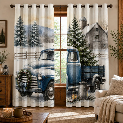 2Pcs Vintage Truck Winter Scene Curtains, Rustic Barn Farmhouse Style, Snowy Landscape Printed Art Sun Blocking, Holiday Home Decor for Living Room Bedroom for Home Dector