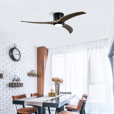 52" Flush Mount Solid Wood Blades Ceiling Fan With Lights Remote Control,Quiet DC Motor, 6 Speed ,Reversible Ceiling Fan For Patio Living Room, Bedroom, Office,Indoor.(Matte Black )