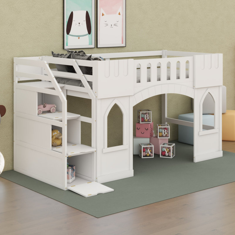 Twin Size Loft Bed with Storage Staircase and Window, White