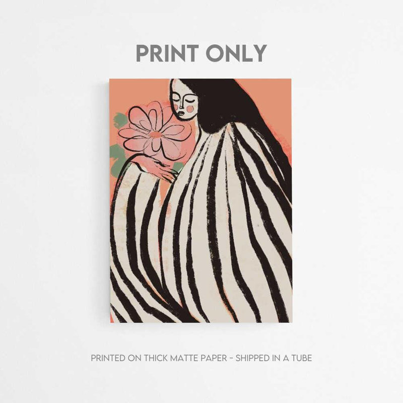 Reproduction d'art moderne de femme figurative - robe rayée audacieuse et illustration florale, Noir, H 10 po x l 8 po