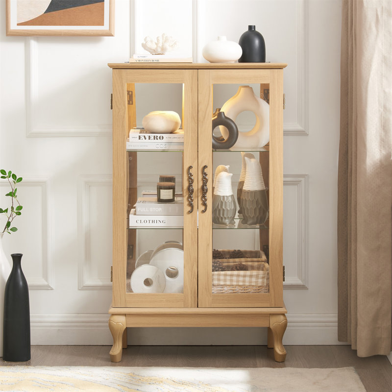 Charming Lighted Curio Cabinet With Adjustable Shelves And Mirrored Back, Oak