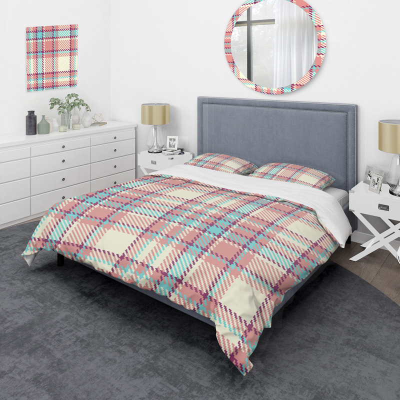 Tartan à carreaux crème et rose - Ensemble de housse de couette abstrait - Microfibre de polyester