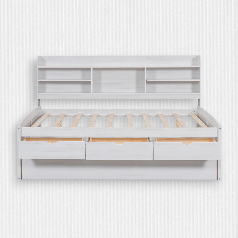 Platform Bed with Trundle & 3 Storage Drawers, White Wash