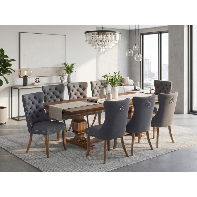 Cet ensemble de table de salle à manger 9 pièces comprend une table de cuisine et 8 chaises en tissu de polyester gris platine avec dossier capitonné - Finition noyer antique
