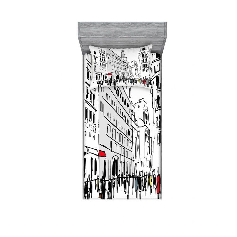 Ensemble de draps abstraits Busy Street Buildings Cityscape, Ensemble de draps pour lit simple avec drap-housse