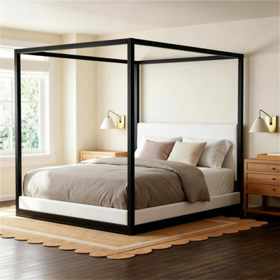 Wood King Size Canopy Platform Bed with Upholstered Headboard, Black Frame+White Fabric