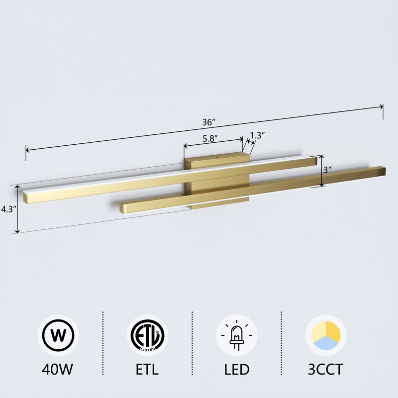 2-Light 36''W Dimmable LED Gold Wrought Iron 3000K/4000K/5000K 3CCT Adjustable Vanity Light, Polished Brass