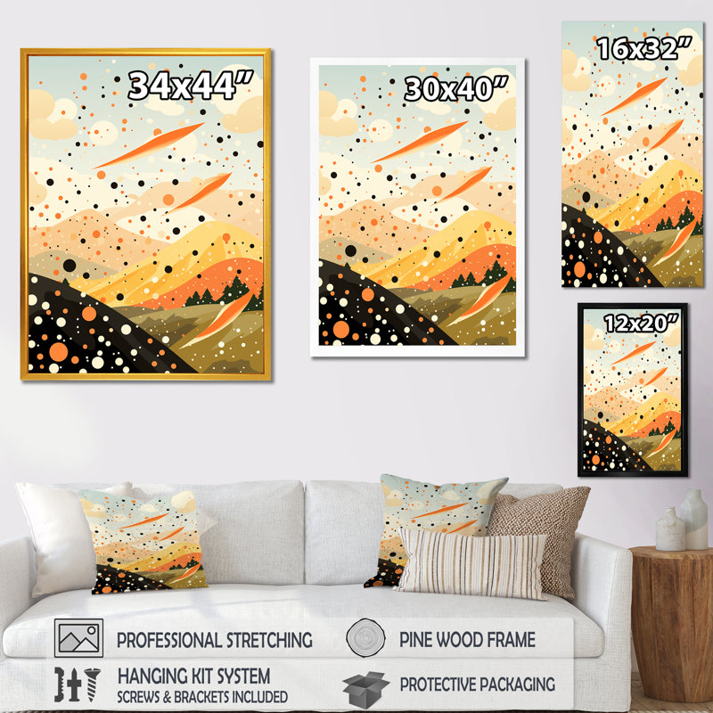 Jaune et orange, montagnes mystiques - Art mural fantastique, Cadre flottant noir, H 32 po x l 24 po x P 1 po