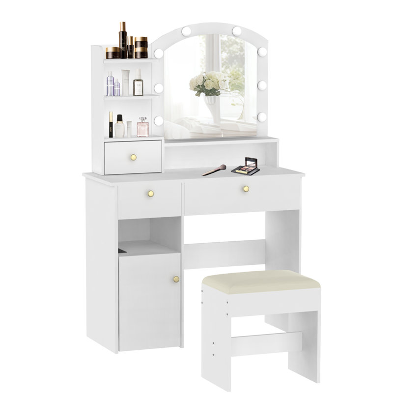 Dressing Table With Built-In Outlets And Led Lighted Mirror, White