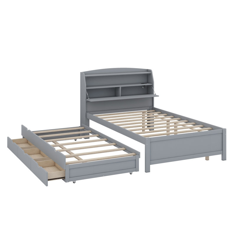 Lit plateforme en bois avec lit gigogne et tête de lit à DEL avec tiroirs, Double, Gris