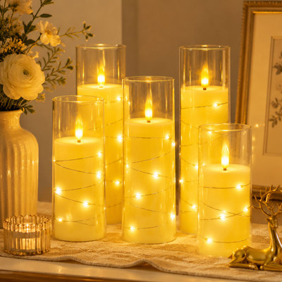 Flameless LED Pillar Candle Set, Battery-Operated Flickering Candles with Timer and Embedded String Lights (Set of 5)