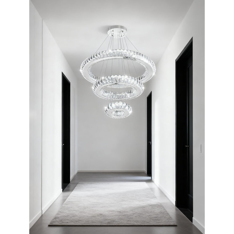 Luminaire suspendu moderne en cristal à 3 anneaux à DEL avec télécommande pour salle à manger, salon, chambre à coucher, entrée