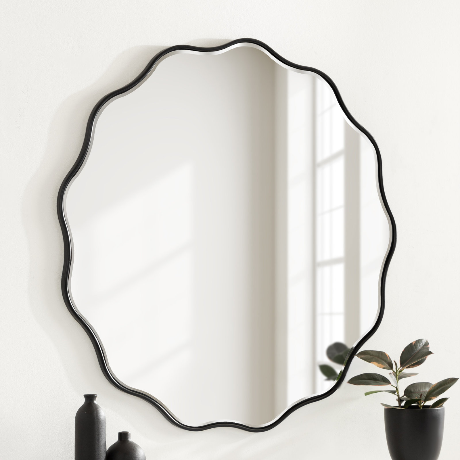 Francina Scalloped Mirror, 32" x 32", Black