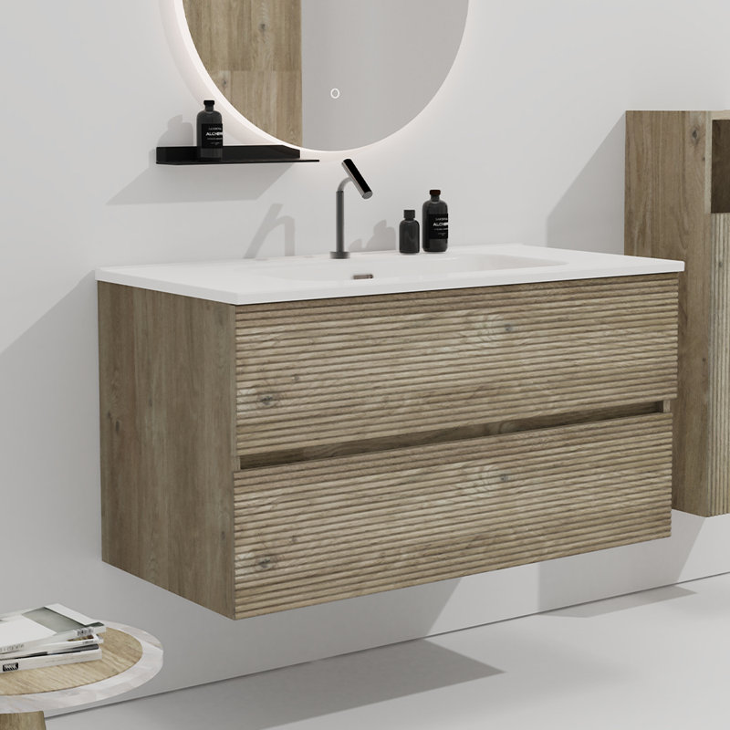 Meuble-lavabo mural 36 po en chêne brut et chêne brut avec lavabo intégré en céramique avec trop-plein, 36"