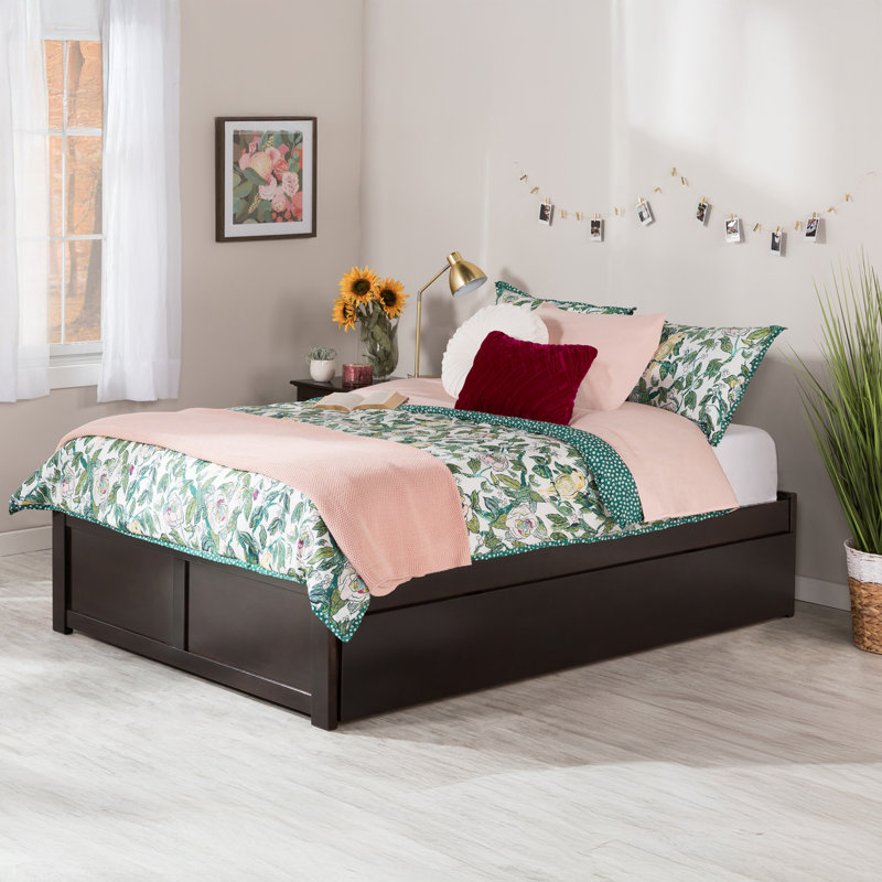Lit plateforme en bois massif avec pied de lit et lit gigogne Concorde, Espresso, Lit double
