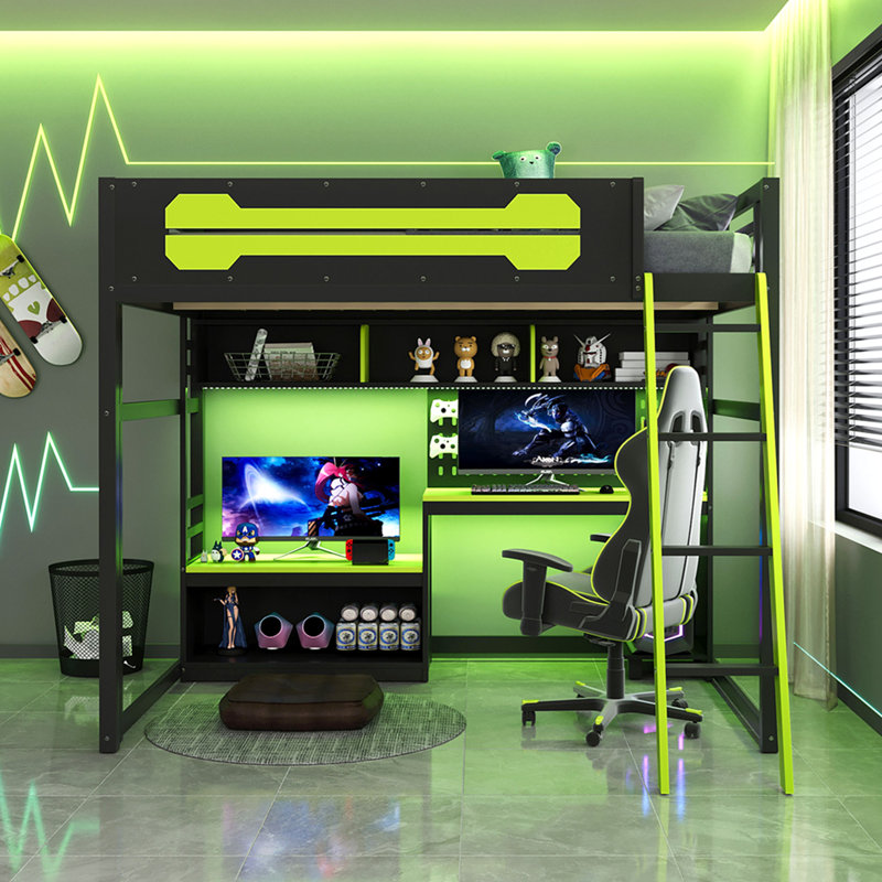Lit mezzanine en bois pleine grandeur avec bureau, tablettes, lumières DEL, ports USB et panneau perforé, Noir/vert