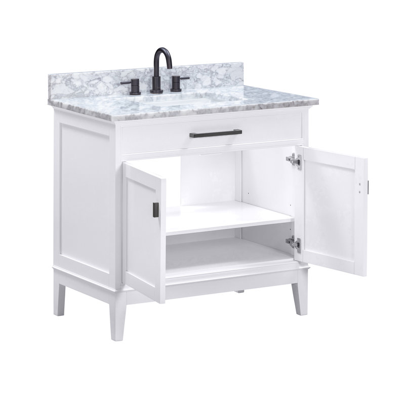 Meuble-lavabo simple 36 po avec plateau Anglet, Blanc de Carrare, Blanc