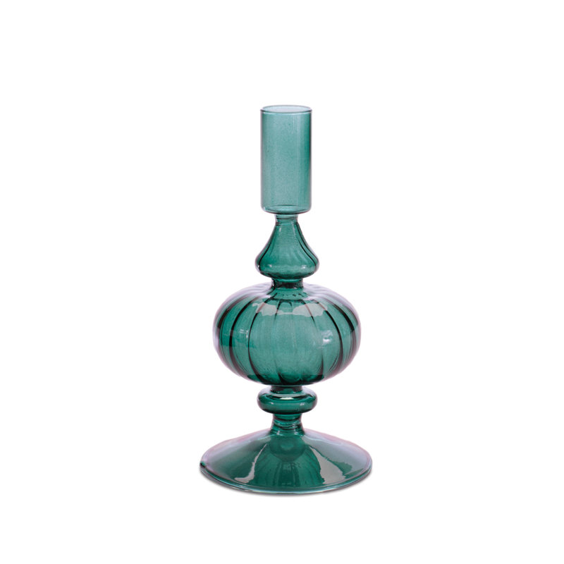 Ribbed Glass Taper Candle Holder, 9" H x 3.25" W x 3.2" D, Green