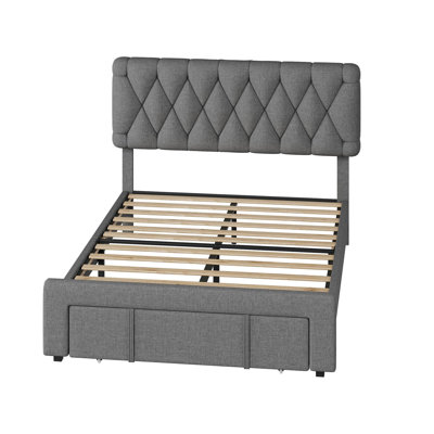 Twin Size Upholstered Platform Bed Frame with 4 Large Under-Bed Storage Drawers, Diamond Tufted Soft Headboard, Reinforced Wood Slat Support, 800 LBS Weight Capacity, Low Friction Quiet Frame, No Box Spring Required, Gray
