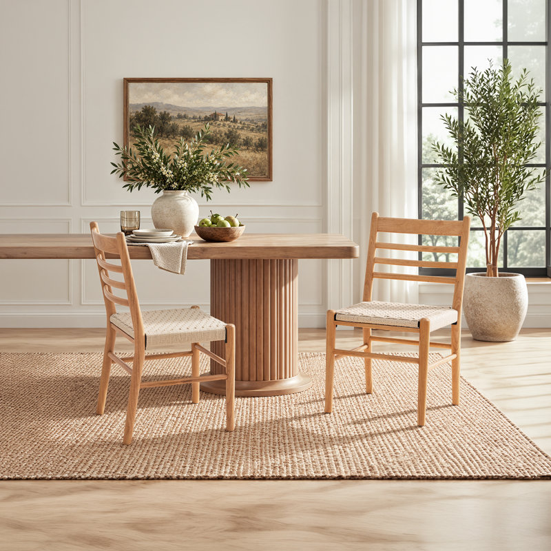Chaise d'appoint moderne du milieu du siècle en bois massif, chaise de salle à manger à dossier échelle, avec assise tissée (ensemble de 2)