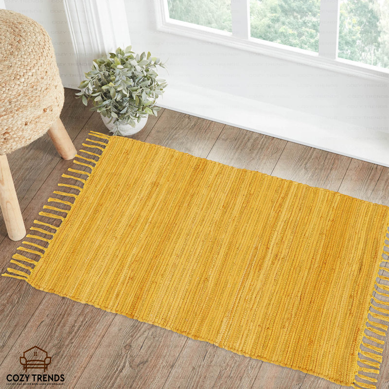Handwoven Cotton Washable Reversible Rag Rug 2' X 3' With Tassels, Mustard