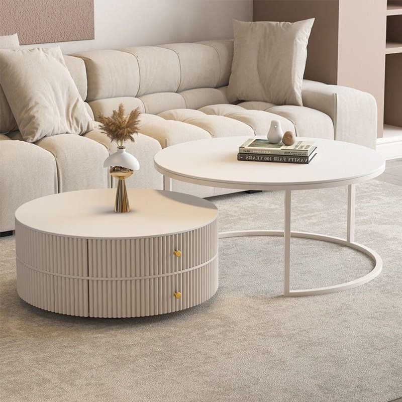 White Stone + Manufactured Wood Round Coffee Table, 17.71" H x 27.55" L x 27.55" W