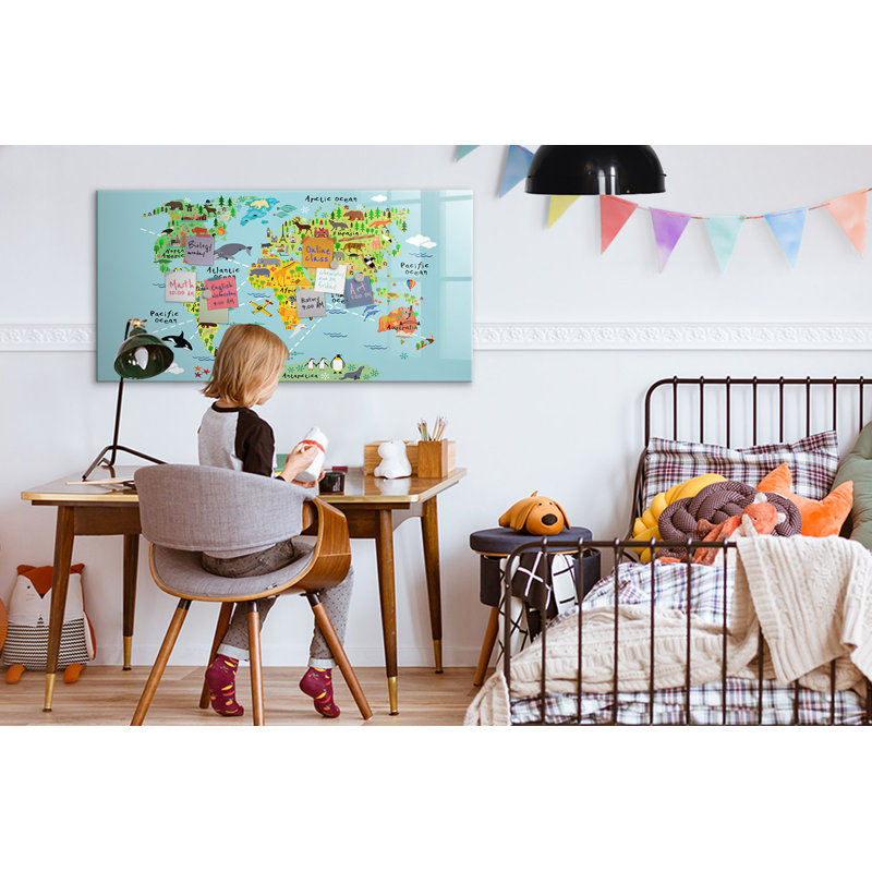 World Map with Animals Magnetic Wall Mounted Dry Erase Board