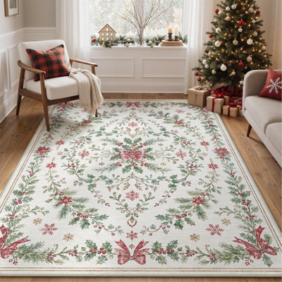 Christmas Vintage Machine Woven Floral Area Rug with Non-Slip Backing