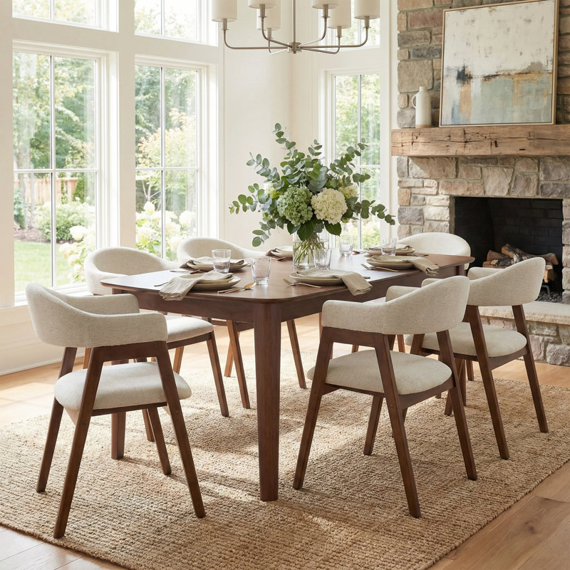 Ensemble de 6 chaises de salle à manger rembourrées style Mid-Century avec dossier courbé et pieds en bois massif, 6, Beige