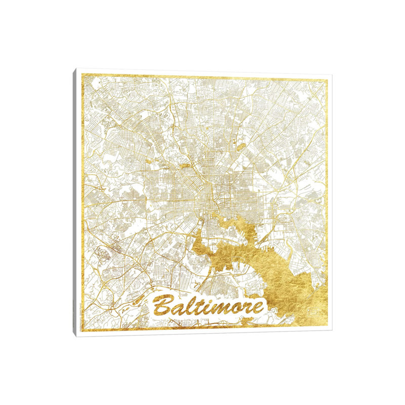 Baltimore Gold Leaf Urban Blueprint Map by Hubert Roguski - Wrapped Canvas Print, 30.48 cm H x 30.48 cm W