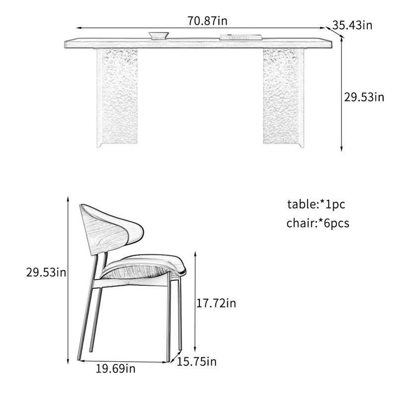 Ensembles de table de salle à manger en pierre à grain de bois., H 29,53 po x L 70,87 po x l 35,43 po