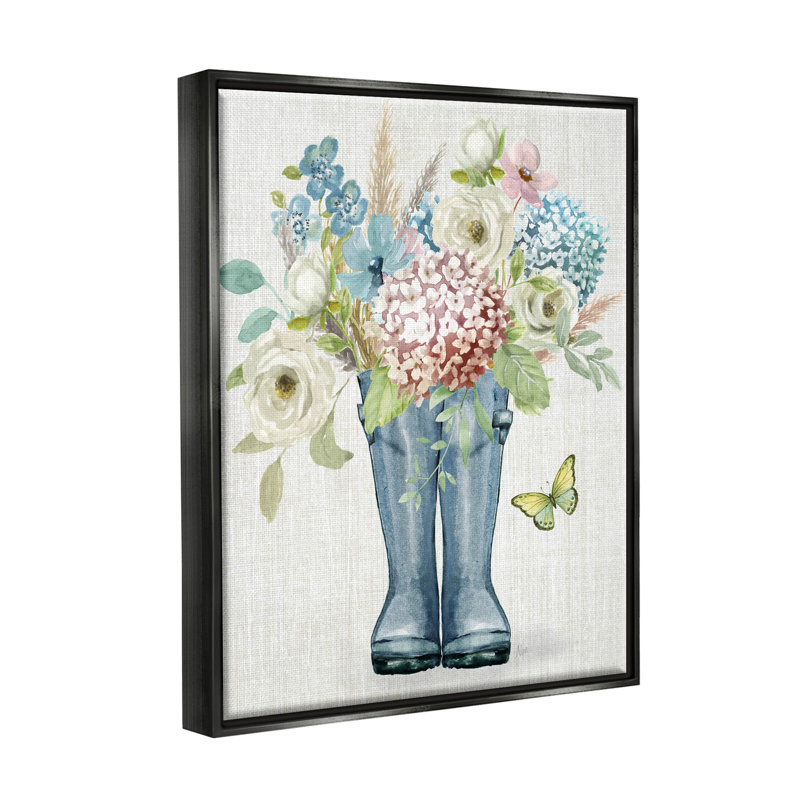 "Rain bottes", bouquet de fleurs, art mural encadré par Nan, H 21 po x l 17 po x P 1,7 po, Cadre flottant noir de jais