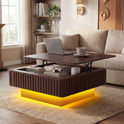 Lift Top Coffee Table With Led Light, Square Extendable Wood Coffee Table W/hidden Storage & Charging Station, Living Room Solid Wood Veneered Fluted Center Tea Table