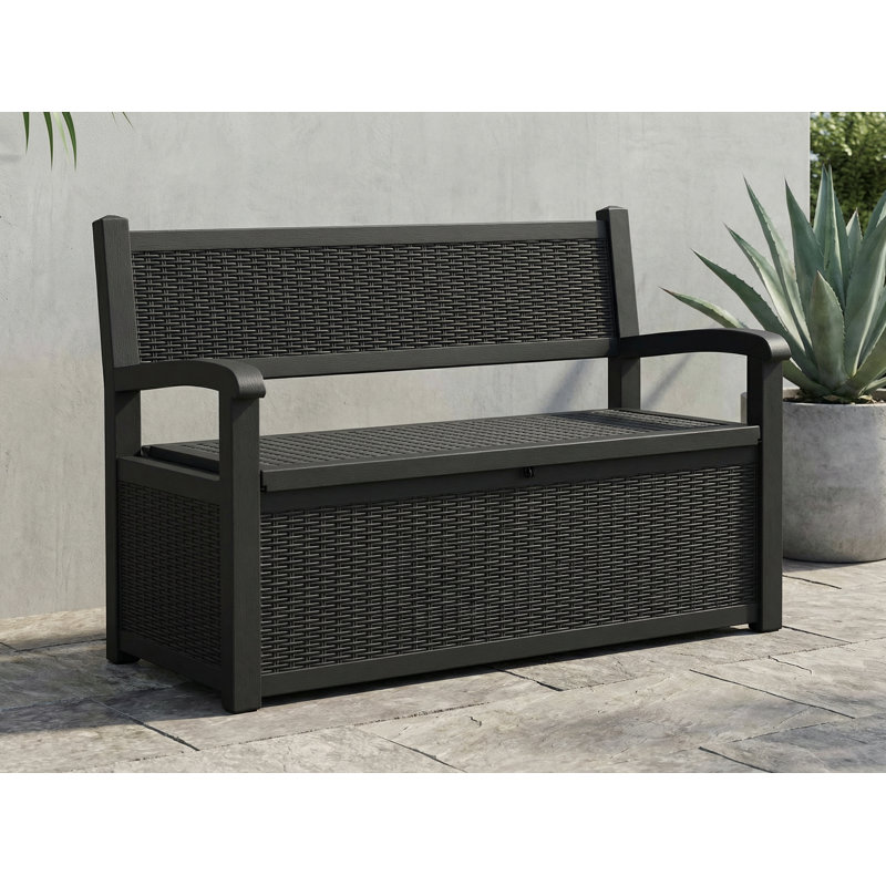 80 Gallon Outdoor Storage Bench With Backrest, Rattan-style Resin, 2-person, Black