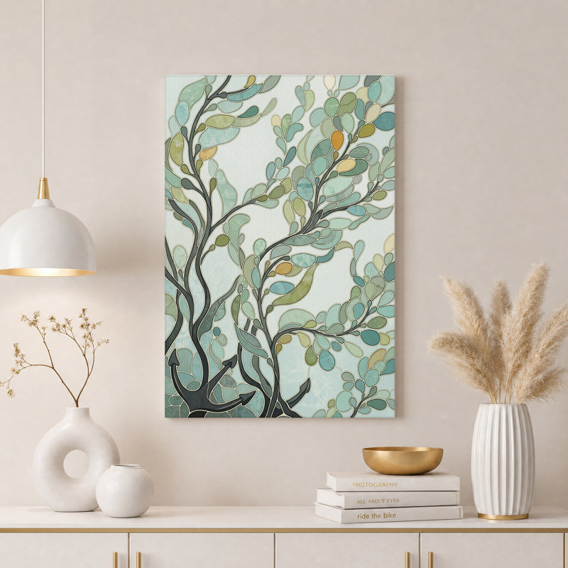 Tableau sur toile représentant des branches d'arbre en vitrail turquoise et vert, H 30 po x l 20 po