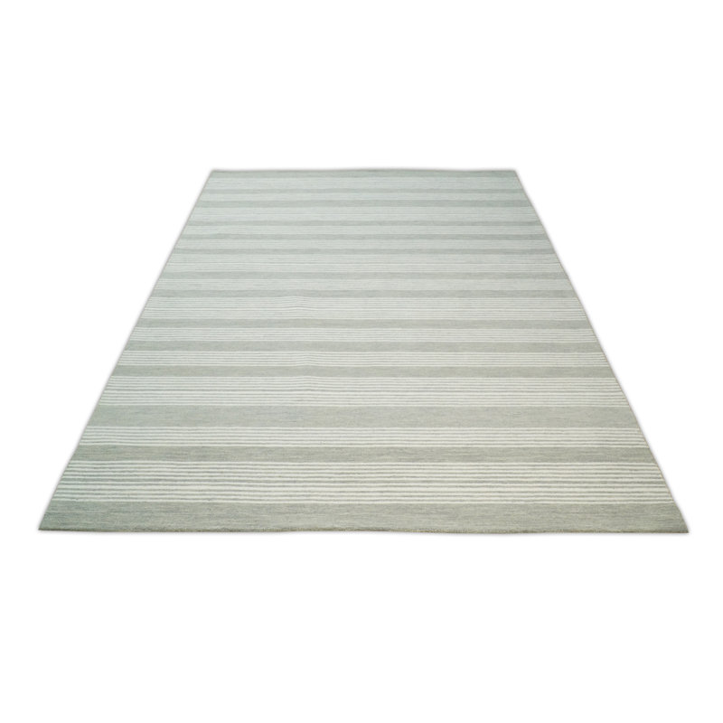 Tapis gris et blanc en laine fabriqué à la main, Rectangle 8 pi x 10 pi